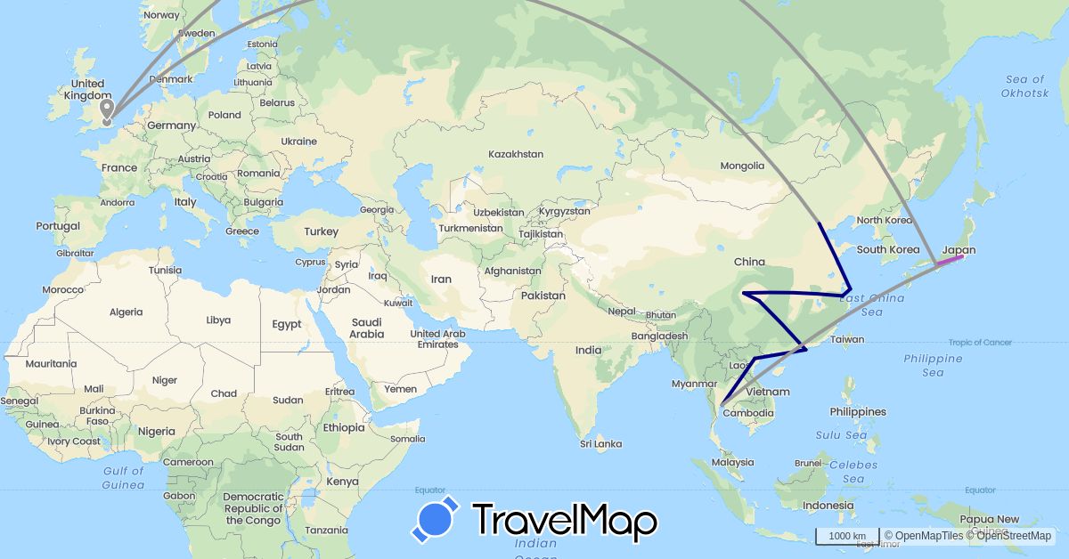 TravelMap itinerary: driving, plane, train in China, United Kingdom, Japan, Thailand, Vietnam (Asia, Europe)