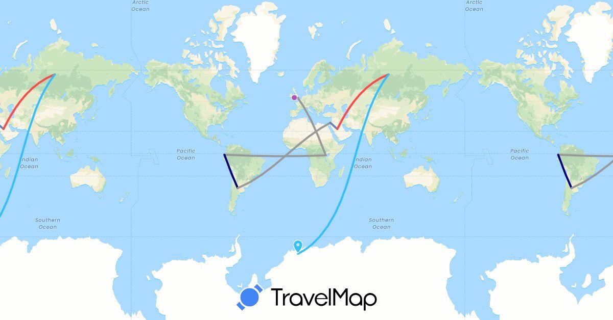 TravelMap itinerary: driving, plane, cycling, train, hiking, boat in Argentina, Ecuador, United Kingdom, Israel, Russia, Rwanda, Saudi Arabia (Africa, Asia, Europe, South America)