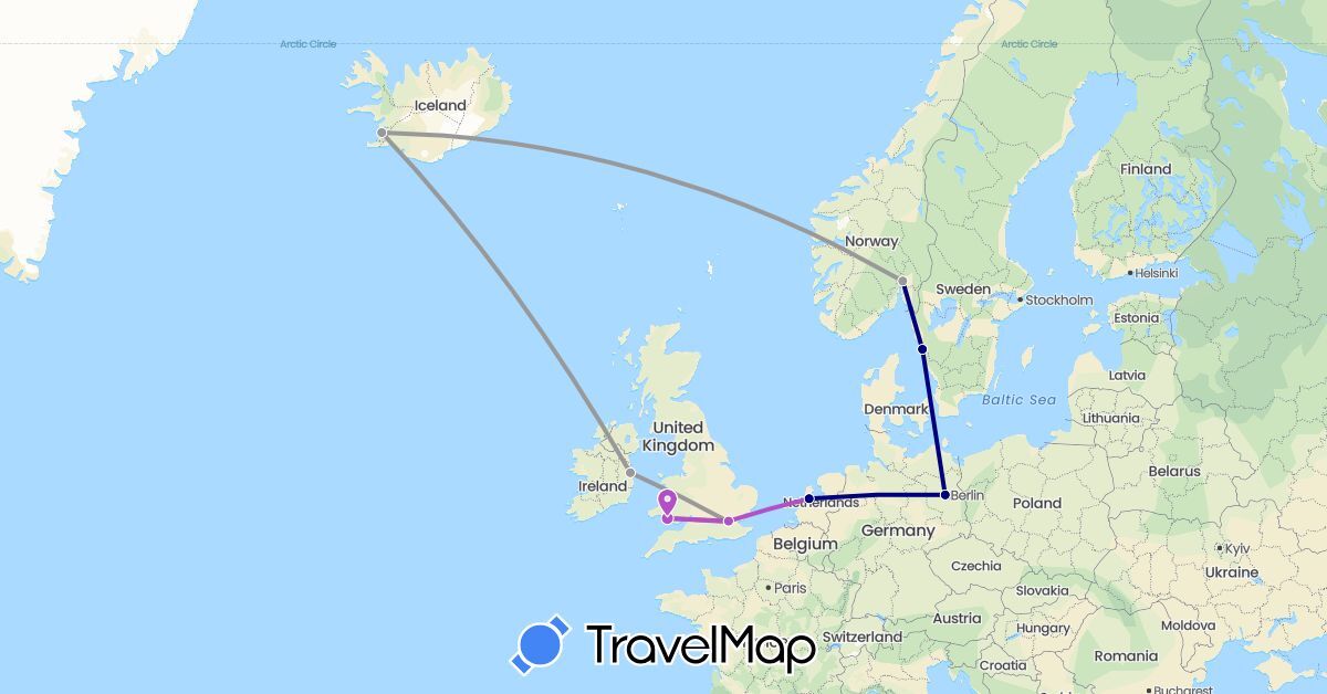 TravelMap itinerary: driving, plane, train in Germany, United Kingdom, Ireland, Iceland, Netherlands, Norway, Sweden (Europe)